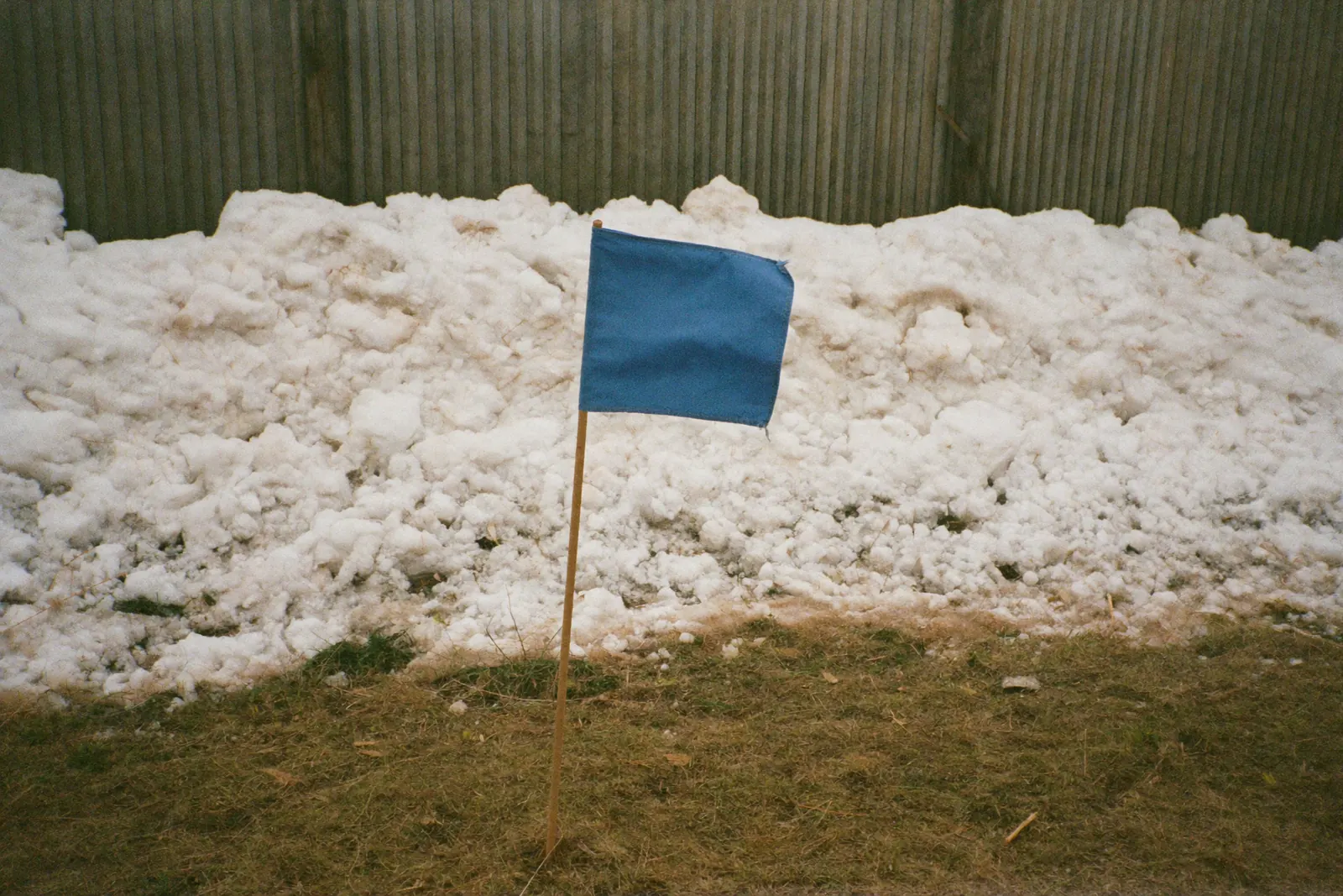 雪の壁のうしろに立つ青い旗