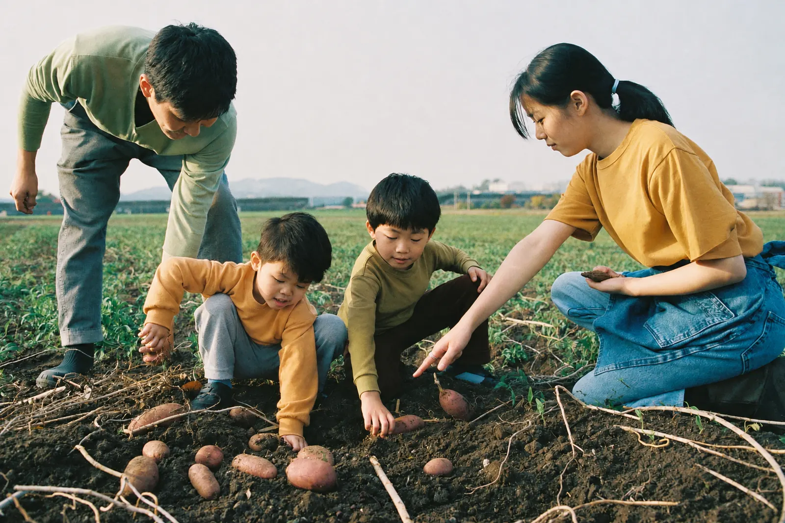 畑でさつまいもを掘る親子とクルー