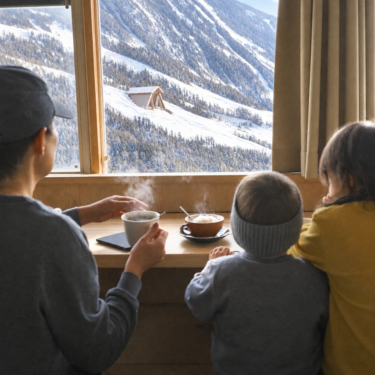 雪山を眺めながら温かい飲み物を飲む家族