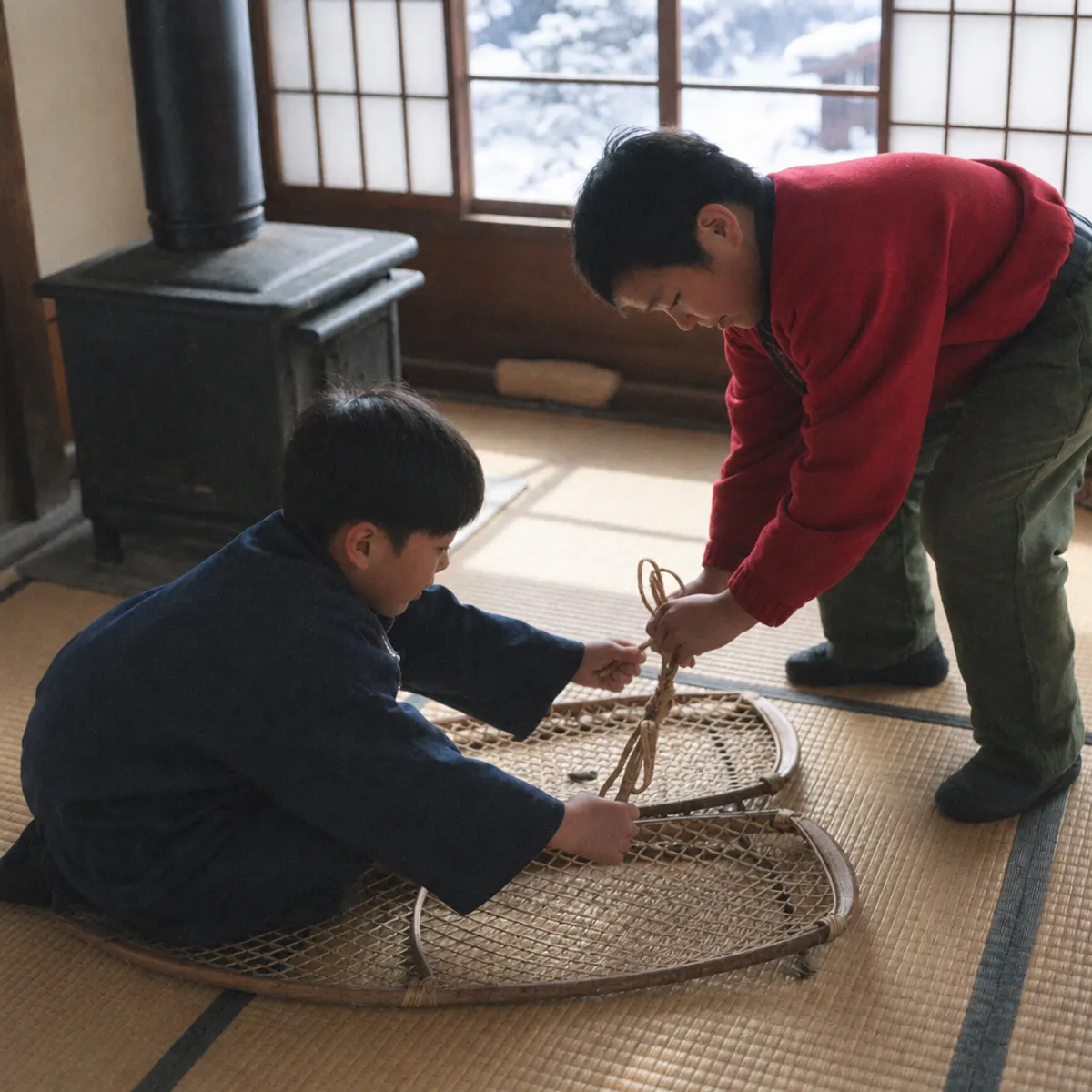 かんじきを編む子どもと地元の人