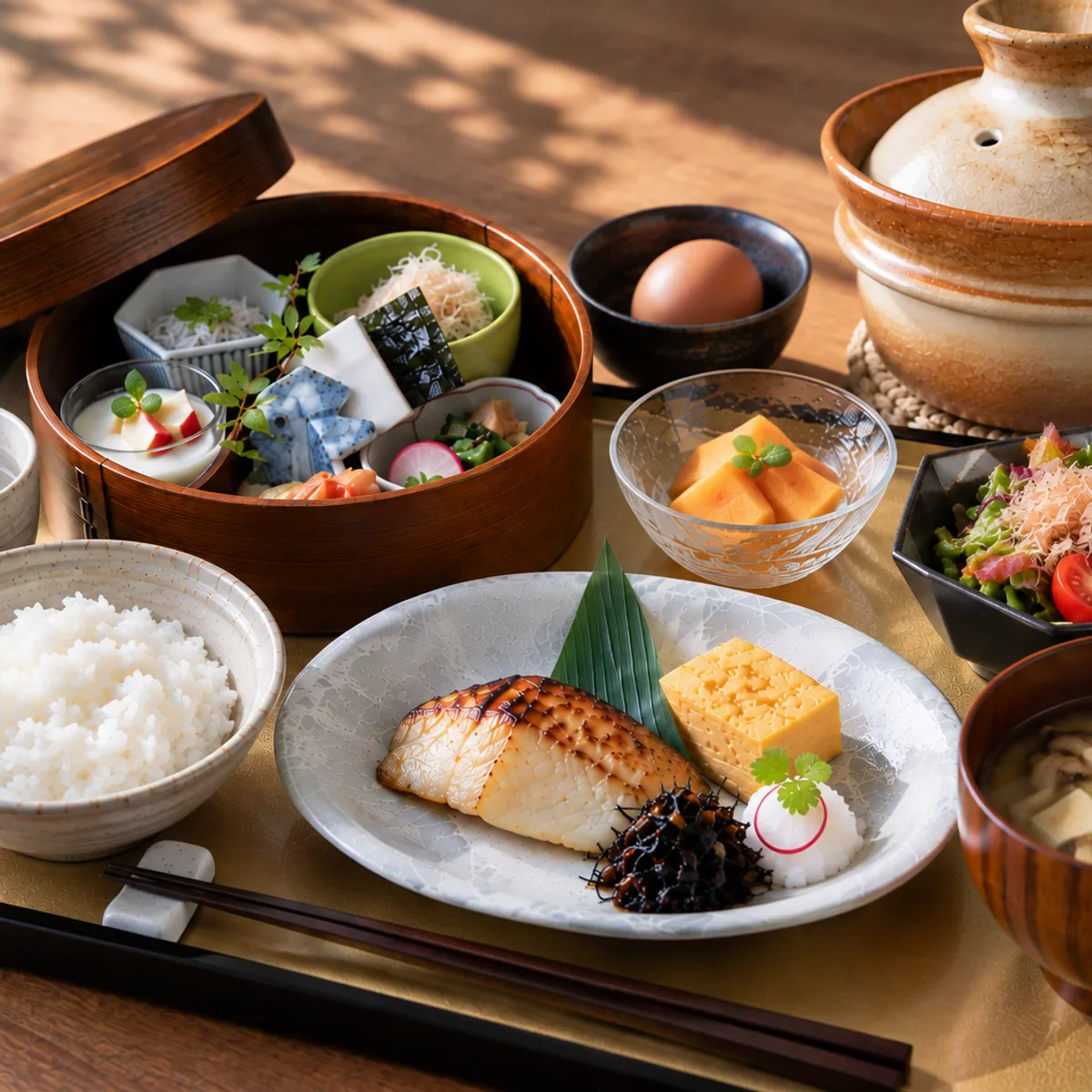 SUIGEN 御膳。羽釜ご飯、焼き魚、だし巻き卵、味噌汁の和朝食