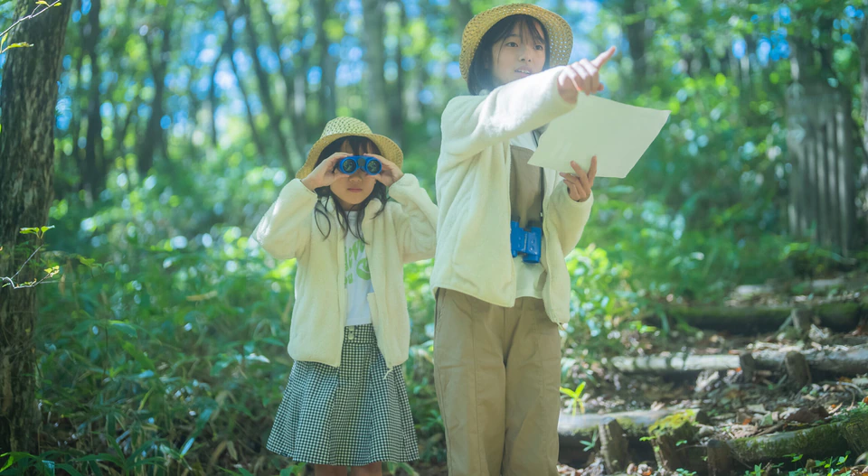 高原の森を探検する子どもたち