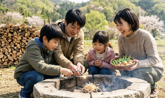 焚き火作りと 春の旬野菜焼き
